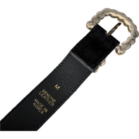 Vintage Black Velvet Belt Pearl Buckle Genuine Leather Y2K Coquette Preppy M - Picture 5 of 6